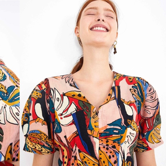 ❗️SOLD❗️Farm Rio Crazy Tucanos Puffed Sleeve Top - Picture 2 of 8